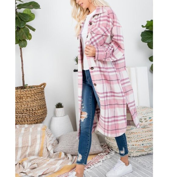 Pink Plaid Long Flannel Shirt Jacket Shacket Coat - Picture 4 of 8